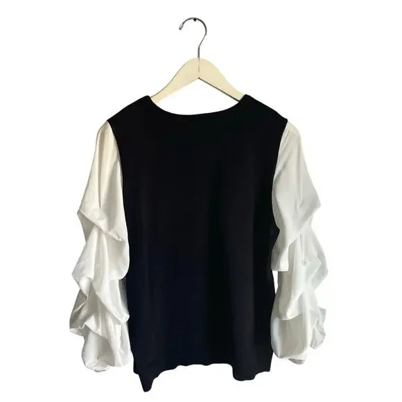 Cece Black White Sweater Blouse Puff Sleeves Pearl Academia Preppy Minimalist L - Picture 2 of 5